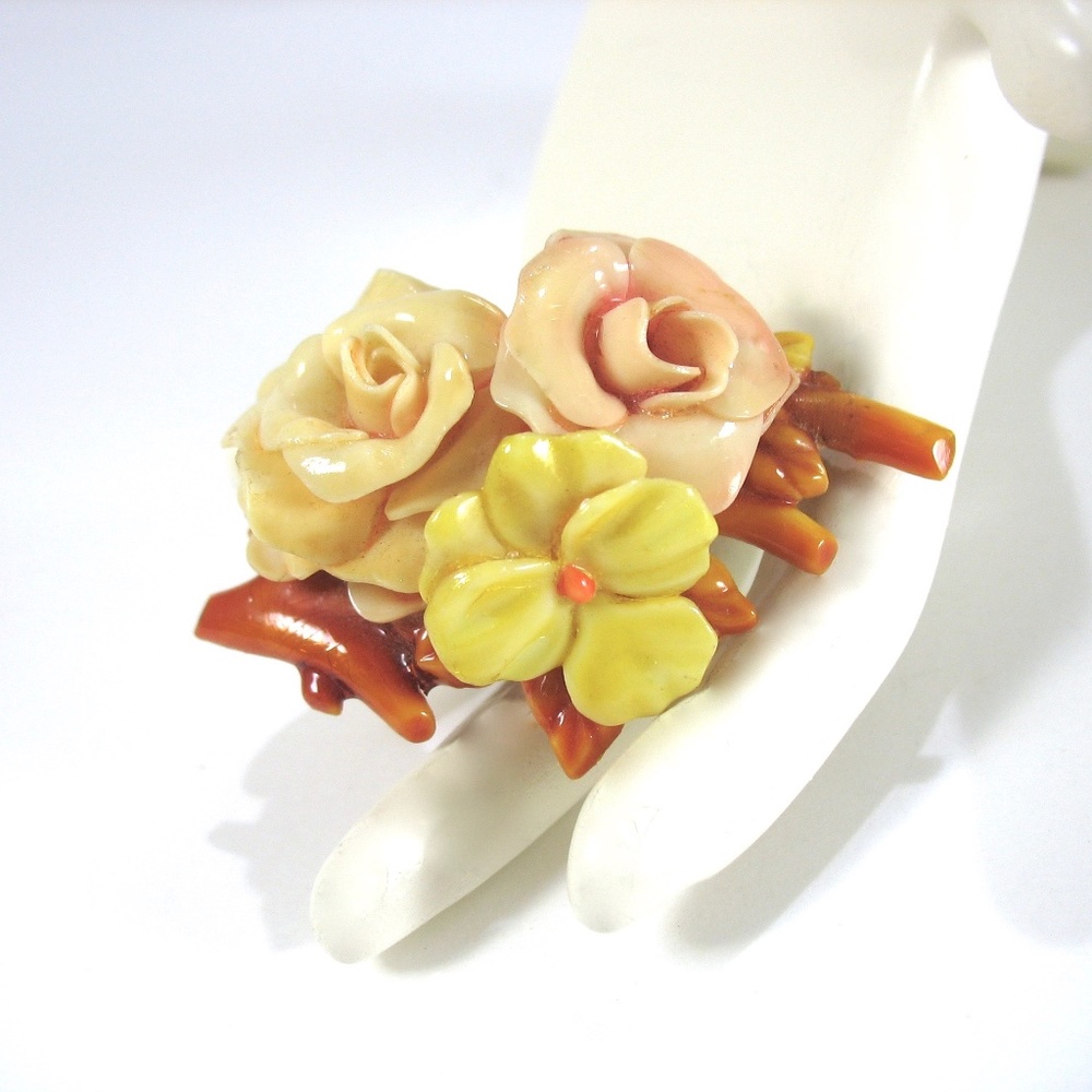 1930's Celluloid Brooch, Floral Pin, Roses